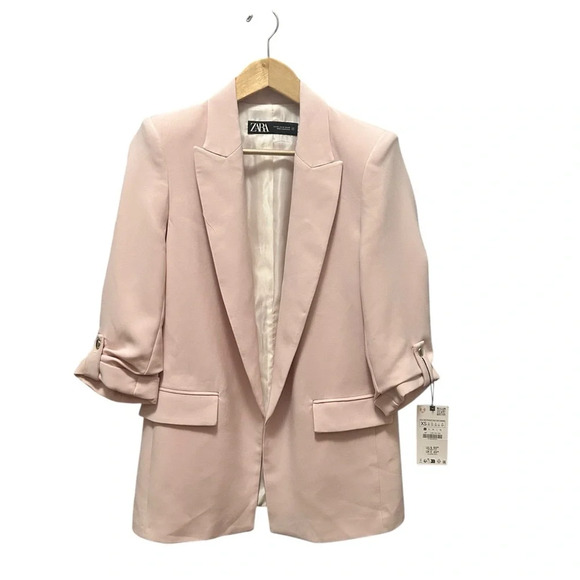 Zara Jackets & Blazers - ZARA Basic Blazer Women Sand Pink Cuffed Rolled-Up 3/4 Sleeves Open Front XS NWT